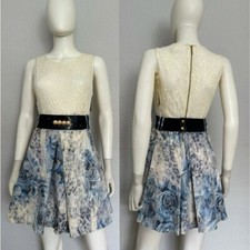 NWT SLEEVELESS FIT & FLARE DRESS BELTED LACE BODICE AND FLORAL PRINT SKIRT GOWN