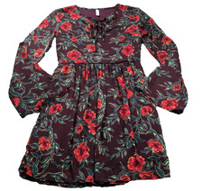 Xhileration Womens Dress Sz S Burgundy Floral Print Tie-Neck Bell Sleeve NWOT