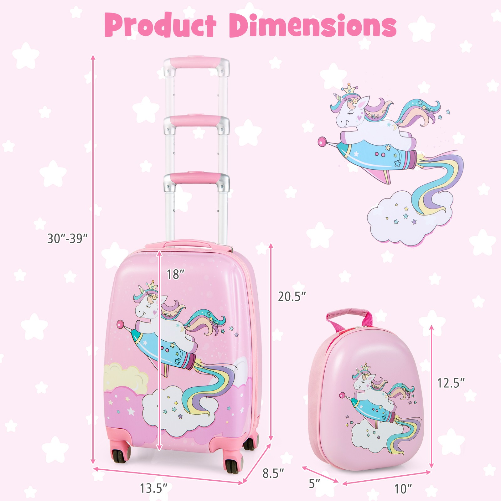 2PC Kids Carry On Luggage Set 12" Backpack and 18" Rolling Suitcase for Travel