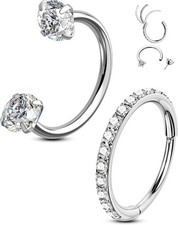 2PCS Nose Rings Hoops 20g Double Gem Horseshoe Threadless Silver Body Jewelry