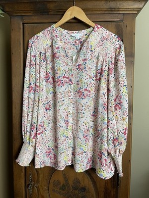 NWT Cynthia Rowley Women s 1X Floral Split Neck L/S Smocked Button Up Blouse