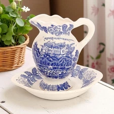 VTG Norleans Mini Pitcher & Saucer Blue & White Castle & Boat Porcelain Japan 4"