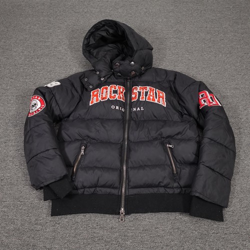 Rockstar Original Jacket Boys 14 Black Hooded Puffer Skull Patch Graphic
