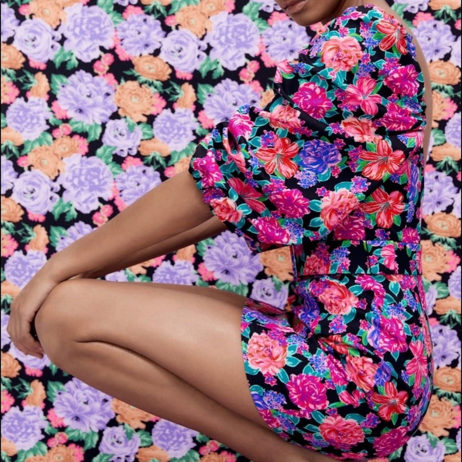 Zara Floral Belted Puff Sleeve Mini Bodycon Dress Size Xs thumbnail 14