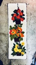 Vintage 70s Potted Flowers Latch Hook Rug Wall Hanging Art MCM XL 48" x 16&rdquo;