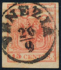 LOMBARDIA-WENECJA 1850 15C, MP, typ III. PUSTY NADRUK! Grube P.! WENECJA. Piękna!
