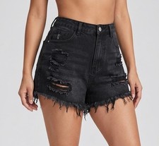 SHEIN Black Distressed Denim Shorts High Waisted Ripped Raw Hem Grunge Y2K L