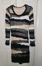 Venus Sweater Dress Women's M Black Beige Striped Knit Lined Stretch Midi