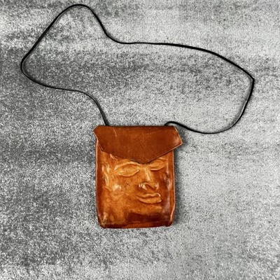 Vintage handmade Leather Crossbody Pouch Bag Brown Womens Face Art Festival Wtch