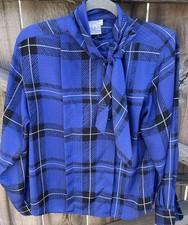 Vintage Christian Dior Chemises Plaid Bow Blouse Blue Black White Sz M