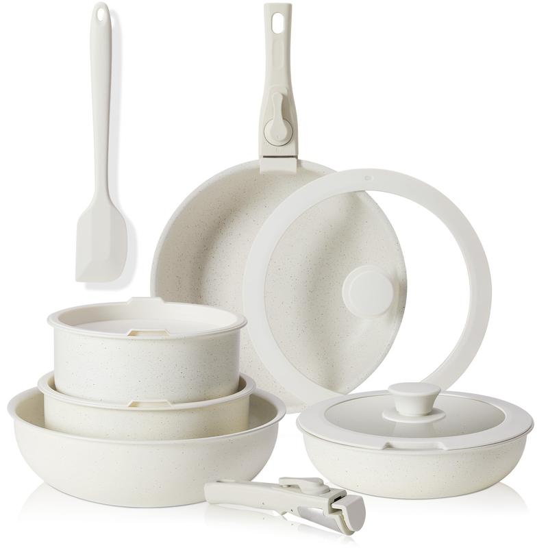 12-Piece Nonstick Cookware Set with Removable Handles - Cream White