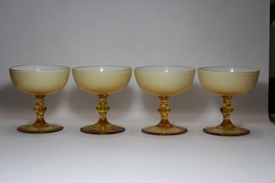 Carlo Moretti Murano Cased White Butterscotch Amber Art Champagne 4 Glasses Vtg.