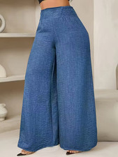 Women's Blue Wide Leg Pants Soft Fabric Smocked Waist Casual Summer Palazzos XL
