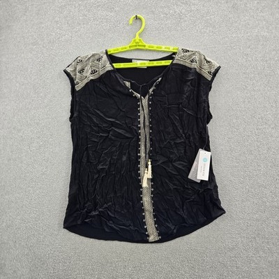 Daniel Rainn Women Blouse XL Black Geometric Embroidered Tassel Scoop Neck NWT