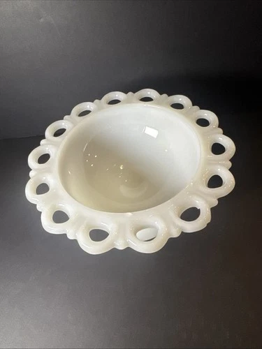 Vintage Anchor Hocking Milk Glass Compote Lace Edge Pedestal 7” X 3.5” Chips