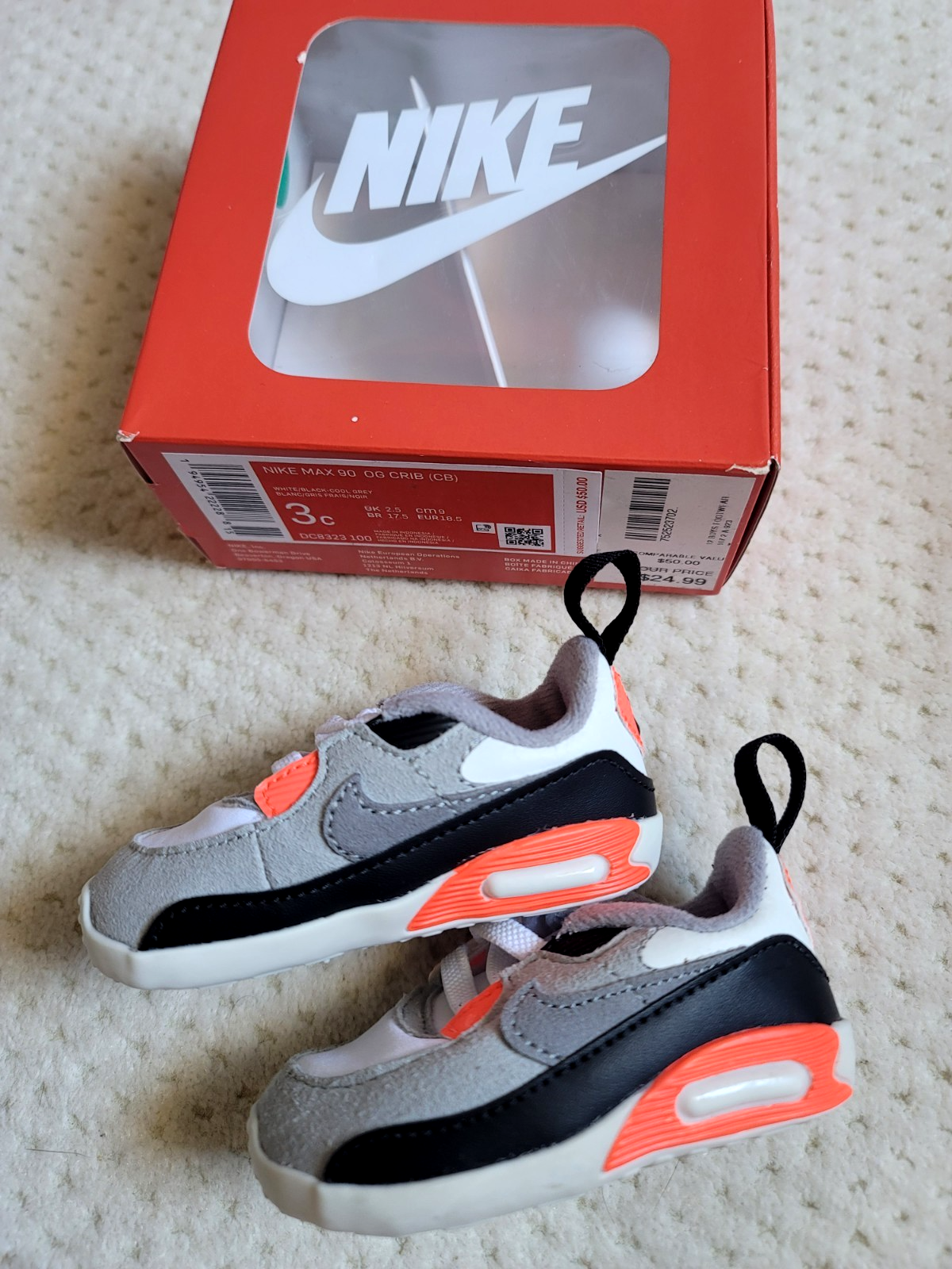 PONY Scarpe culla Nike Air Max 90 Infrared OG nuove con scatola DC8323 100 bianco nero grigio freddo 3C