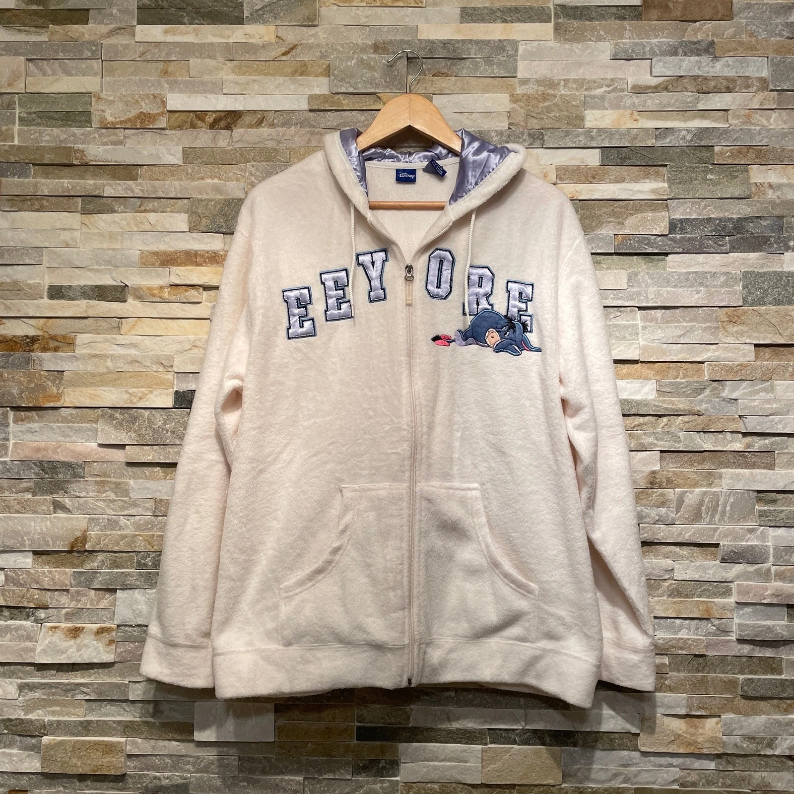 OFF WHITE Felpa con cappuccio vintage Disney Eeyore XL pile peluche ricamato zip Y2K nuova senza etichette rara