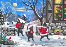 ACEO PRINT OF PAINTING RYTA CHRISTMAS BLACK CAT GIFT Folk Art Landscape House 🎄