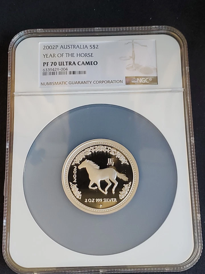 Australia 2002 Prueba Lunar Año del Caballo Plata $2 Isabel II 2 oz NGC PF 70 UC Foto 3 de 4