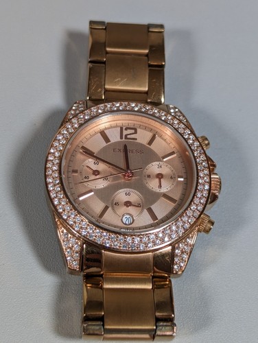 Express Gold Tone Multifunction Dial Round Case Stainless Steel Band Watch 6.5in - Picture 4 of 6