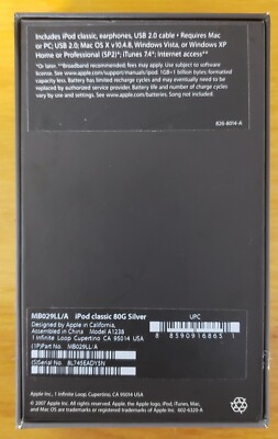 APPLE iPOD CLASSIC SILVER 80GB 6TH GENERATION MB029LL/A 2007 ALL