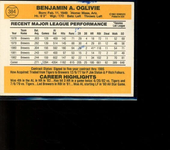 1983 Donruss #384 Ben Oglivie Brewers Signed Auto - Image 2 of 2