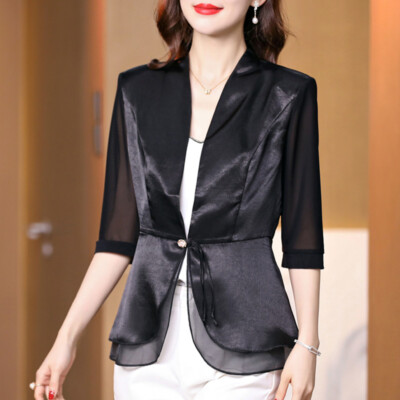 Formal Lady Blazer Suit Jacket Coat Slim Faux Silk Chiffon 3/4 Sleeve  Casual Top