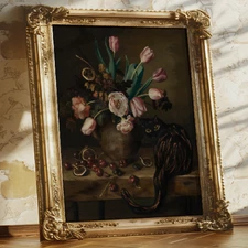 Black Cat Floral Still Life Art | Baroque Wall Decor | Museum Fine Print