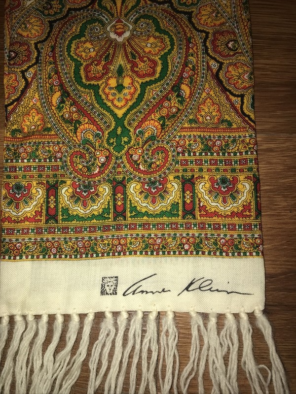 Anne Klein VTG Paisley Fashion Scarf  Gold Green Red Fringe 60” Beautiful