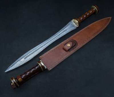 27'' Damascus Steel Blade Gladiator Roman Sword Gladius Rose Wood Leather Sheath