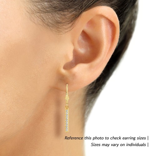 14K Real Solid Gold Pave Linear CZ Bar Dangle Drop Earrings Lever-back Hoops - Picture 7 of 9
