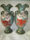 Vintage Pair of Japanese Nippon Raised Moriage Vases Lizard Handles