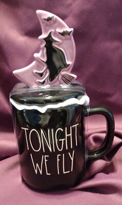 Rae Dunn ''Tonight We Fly'' Ceramic Large Coffee Mug w/ Lid Black Halloween Cup