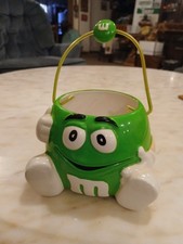 Vintage M&M Mars Collectible Candy Basket Ceramic Wire Handle Green 1990s EUC 5"