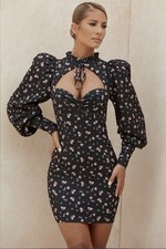 House of CB Carmel Puff Sleeve Mini Dress Black Pink Floral Satin M Zip