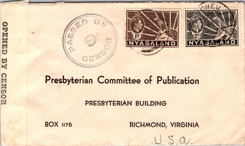1941 British Nyasaland Opened by censor Cover to Richmond Virginia VA USA
