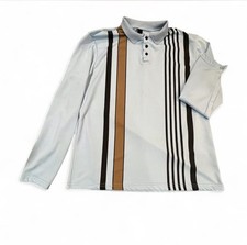 Men's Light Gray Brown Black Striped Polo Shirt Long Sleeve Collared Button