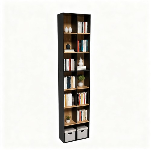 71" Tall Shallow Bookcase Storage Shelf, 14 Cubes 7 Tier Narrow Wide Bookshel...