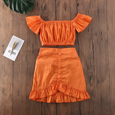 2PCS Baby Kids Girls Short Sleeve Ruched Crop Top Ruffle Mid Skirt Outfit Set