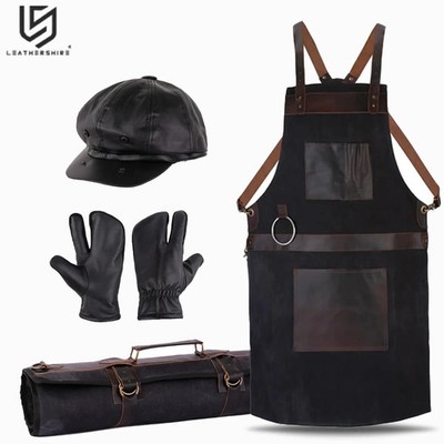 Gewachste schwarze Leder Canvas Schürze und Rolle mit Kappe und Handschuhe Geschenkset
