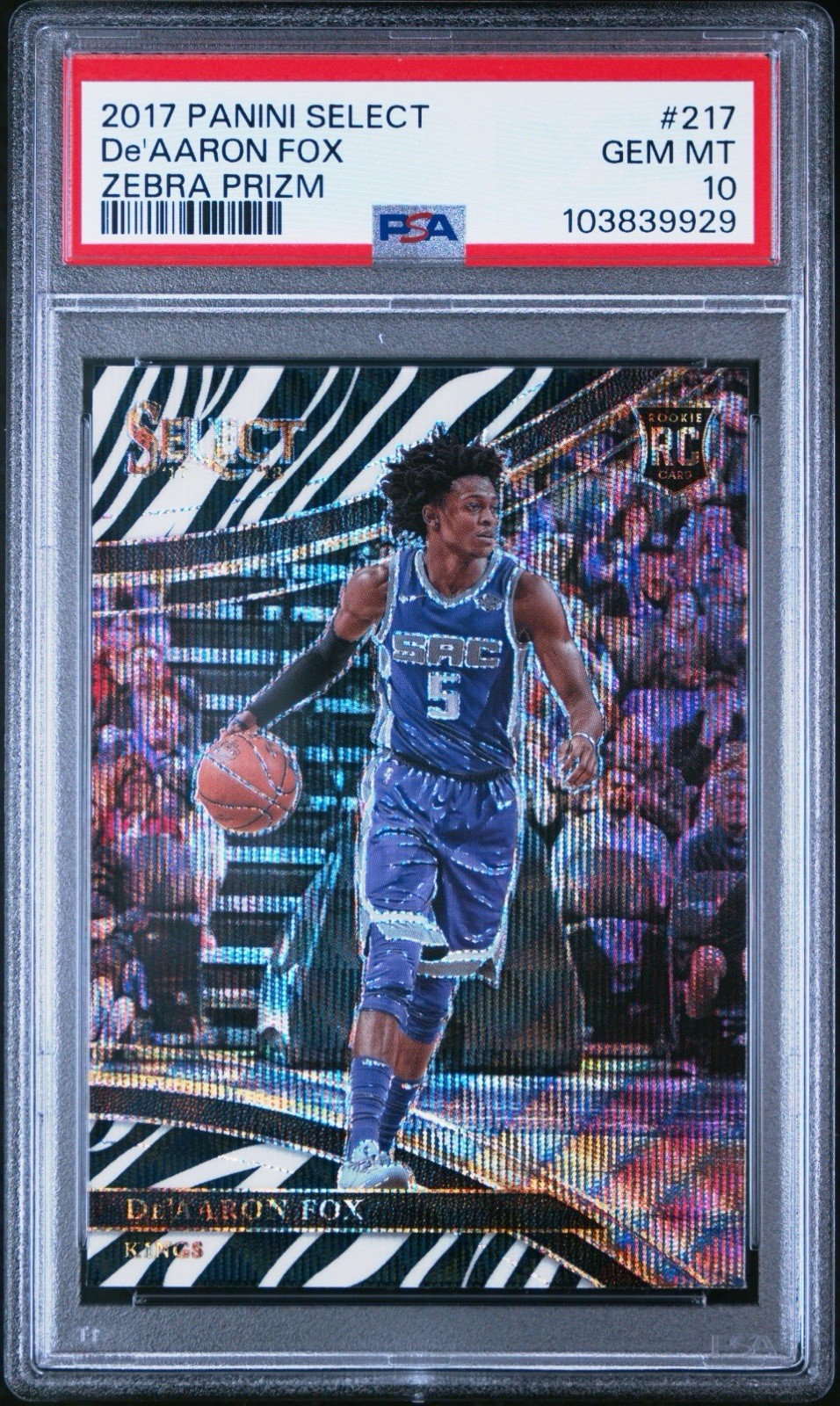 2017-18 Panini Select - De'Aaron Fox #217 - RC Zebra Prizm Case Hit SSP - PSA 10