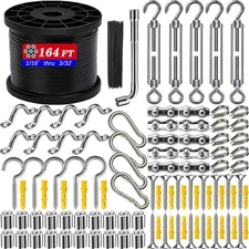 164FT Outdoor String Light Hanging Kit - Heavy Duty Black Vinyl-Coated Stainl...