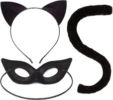 Black Cat Costume Cat Ears Tail and Masquerade Eye Cover for Women Halloween Cos