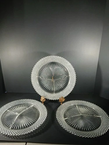 Vintage Miss America Clear Depression Glass 3 Section 3 Dinnerplates 10 1/4"