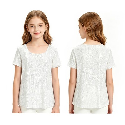 Kids Girls Top Blouse Sequins Summer T Shirt Costume Short Sleeve Casual Tee