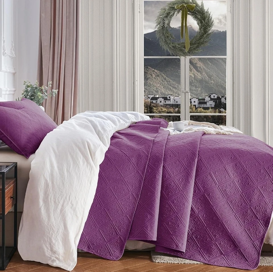 2 Piece Twin Size Bedspread Coverlet Quilt Set Pillow Sham Lightweight Purple - Image 3 of 4
