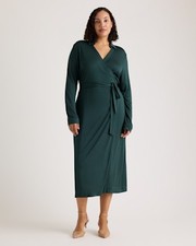 Quince 100% Silk Jersey Midi Wrap Dress Evergreen Basic Sleeved L