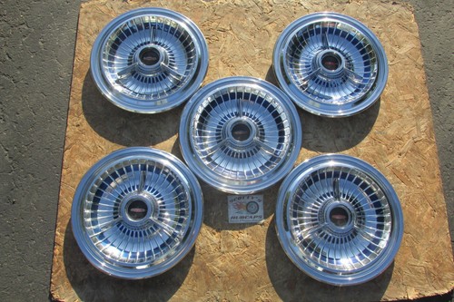 1963 OLDSMOBILE 88, 98, STARFIRE 14" SPINNER WHEEL COVERS HUBCAPS, LOT OF 5 BLUE