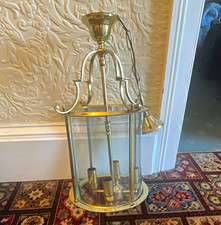 Brass Finish Glass & Metal Lantern Ceiling Pendant Light Fixture, 4-Light