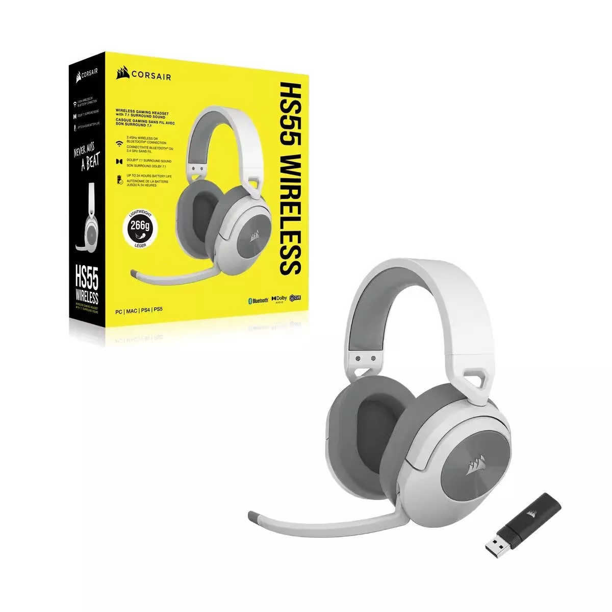 CORSAIR HS55 WIRELESS Gaming Headset in White Dolby 7.1 Audio